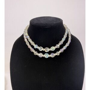 Vintage Aurora Borealis Crystal Necklace Double Strand Faceted Beads Bridal 15"